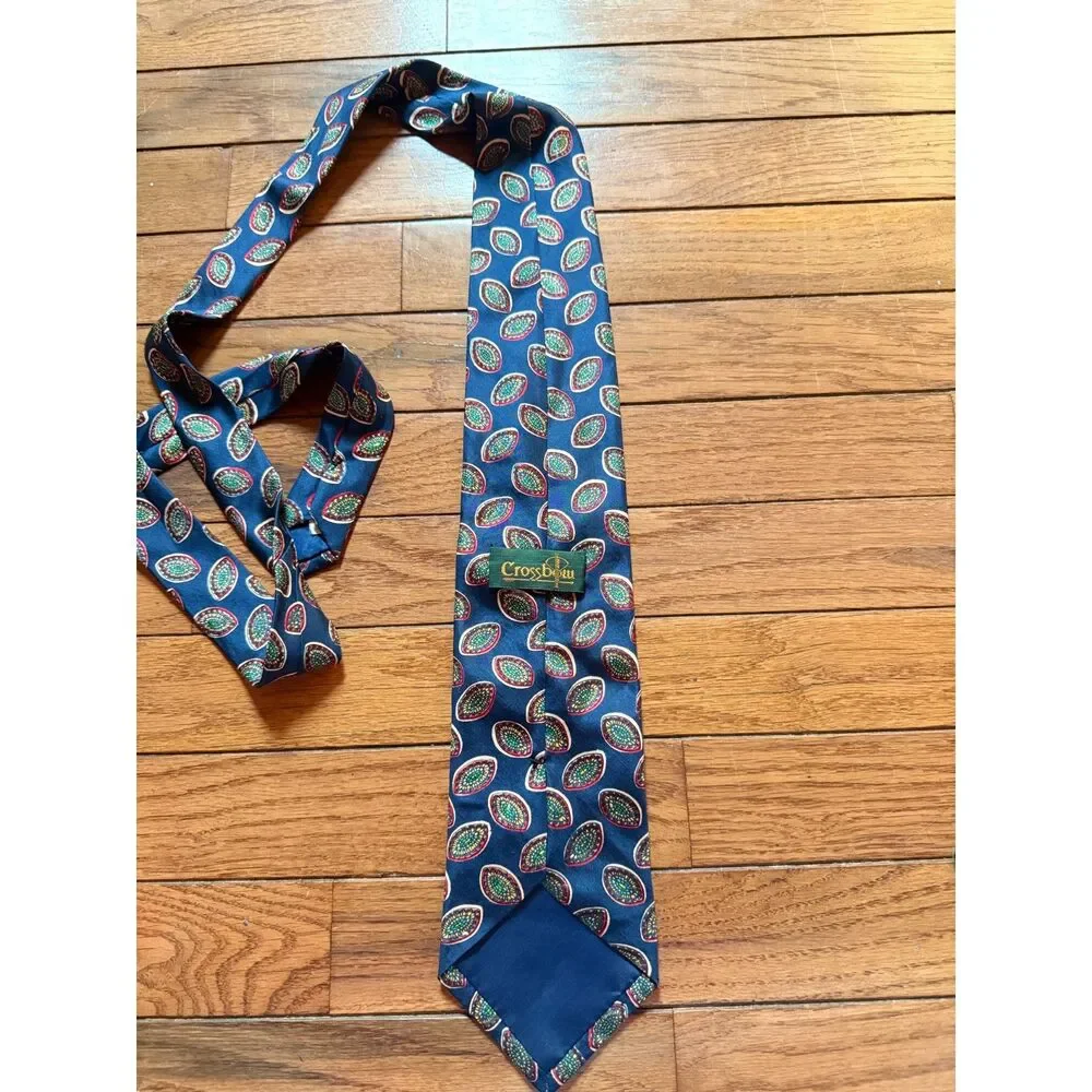 Crossbow Mens Silk Necktie Blue Red Green Gold Oval Medallion Geometric Retro